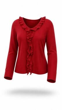 Prive Cashmere Sweater Womens Size M Red Ruffle Trim V-Neck Pullover
